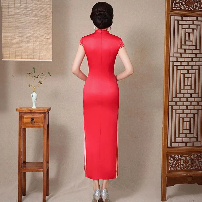 Beth and Brian Qipao-ZQYS Floral print, red silk long Cheongsam with cap sleeves