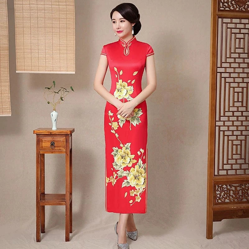Beth and Brian Qipao-ZQYS Floral print, red silk long Cheongsam with cap sleeves