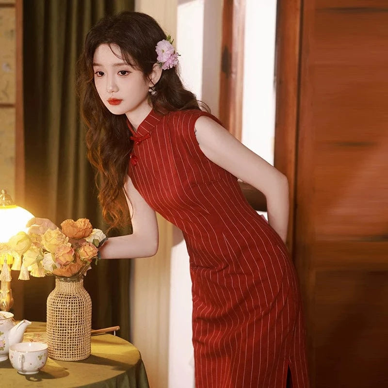 Beth and Brian Qipao-ZQYS Stripe pattern, cotton mid-length Cheongsam