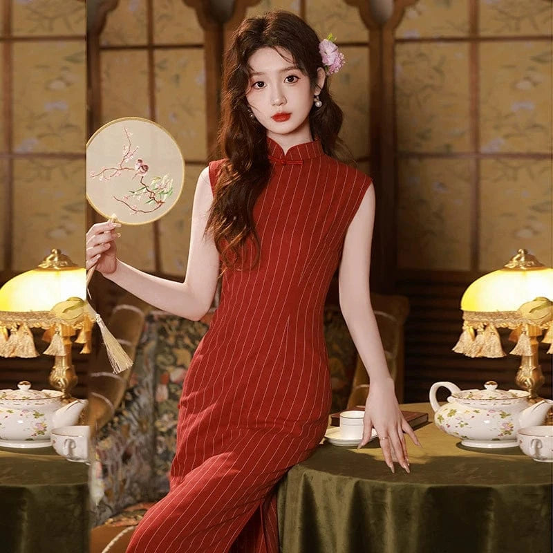 Beth and Brian Qipao-ZQYS Stripe pattern, cotton mid-length Cheongsam