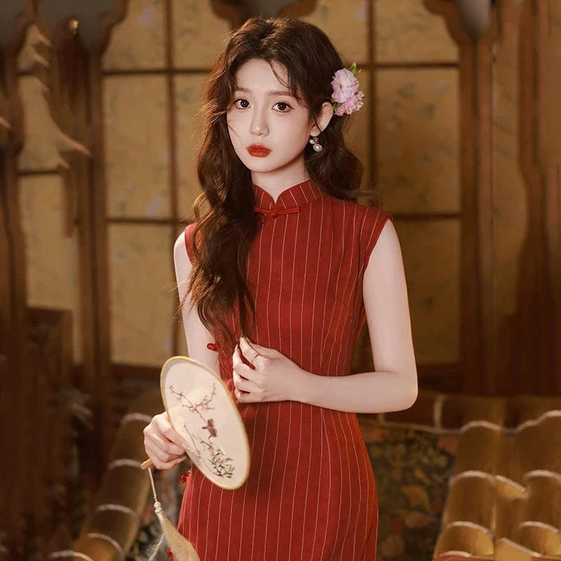 Beth and Brian Qipao-ZQYS Stripe pattern, cotton mid-length Cheongsam