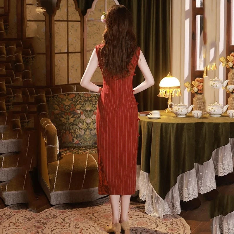 Beth and Brian Qipao-ZQYS Stripe pattern, cotton mid-length Cheongsam