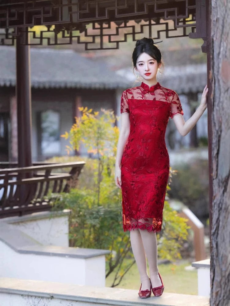 Beth and Brian Qipao-MLS Floral embroidery, organza fabric midi Qipao