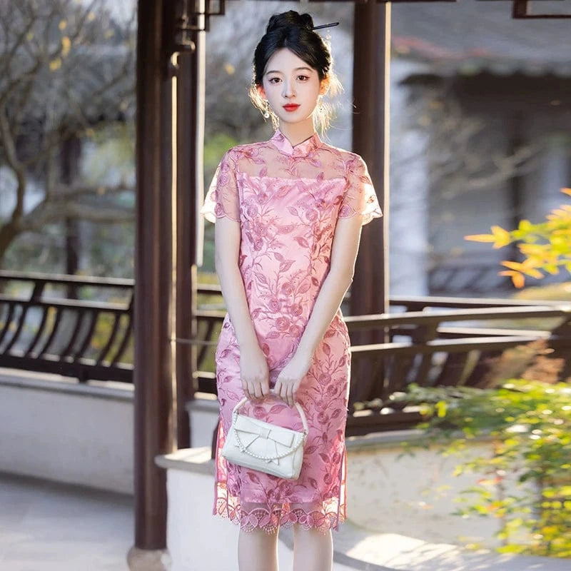 Beth and Brian Qipao-MLS Floral embroidery, organza fabric midi Qipao