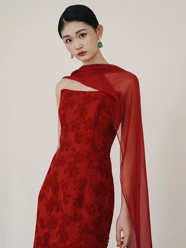 Beth and Brian Qipao-QHM New Chinese style (新中式), floral jacquard long Cheongsam