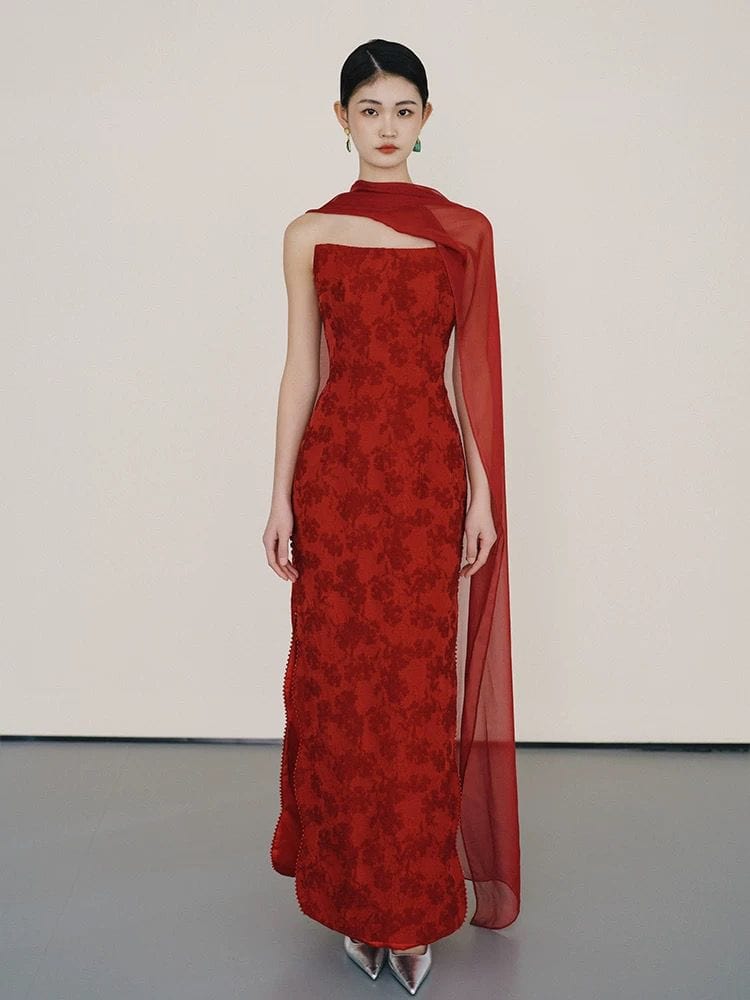 Beth and Brian Qipao-QHM New Chinese style (新中式), floral jacquard long Cheongsam