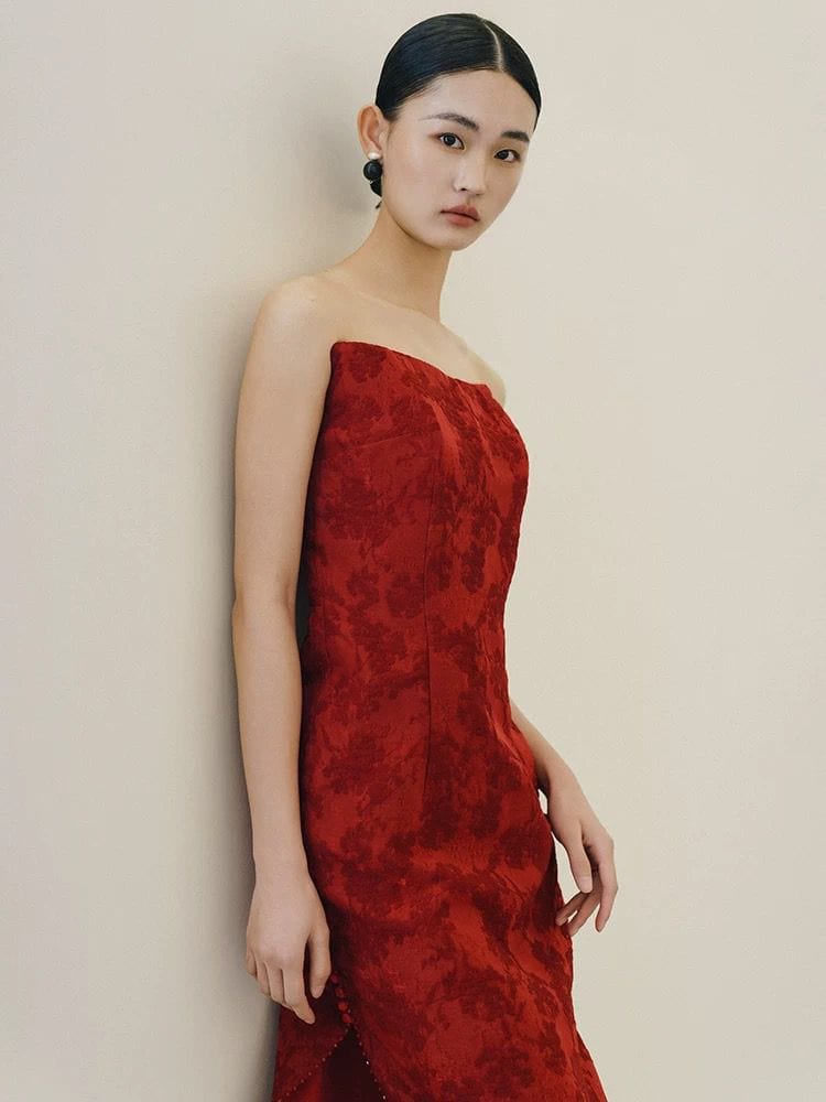 Beth and Brian Qipao-QHM New Chinese style (新中式), floral jacquard long Cheongsam