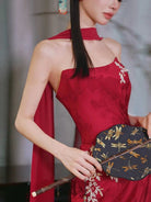 Beth and Brian Qipao-QHM Customizble Floral Embroidery, Tube Top, Red Long Cheongsam