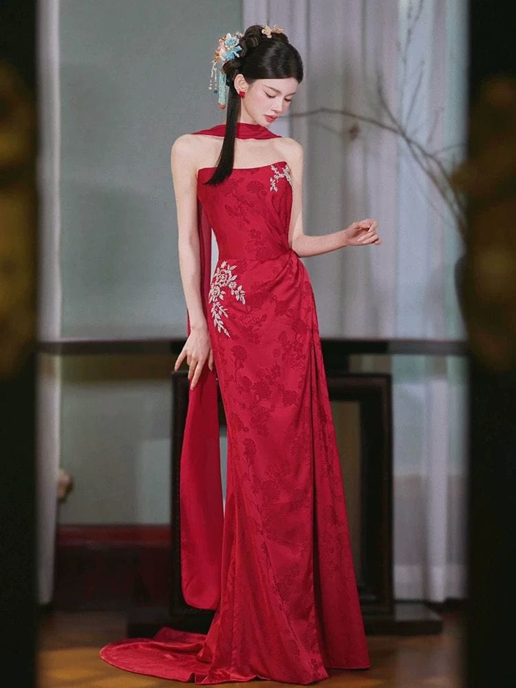 Beth and Brian Qipao-QHM Customizble Floral Embroidery, Tube Top, Red Long Cheongsam