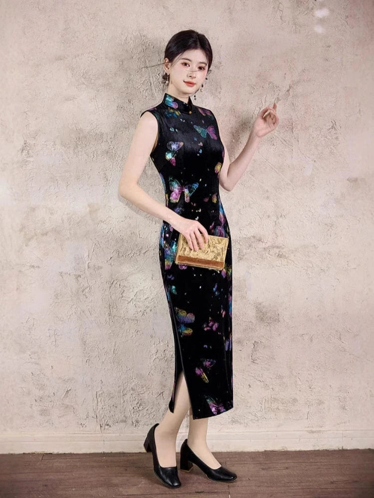 Beth and Brian Qipao-TX Butterfly pattern, sleeveless velvet midi Cheongsam