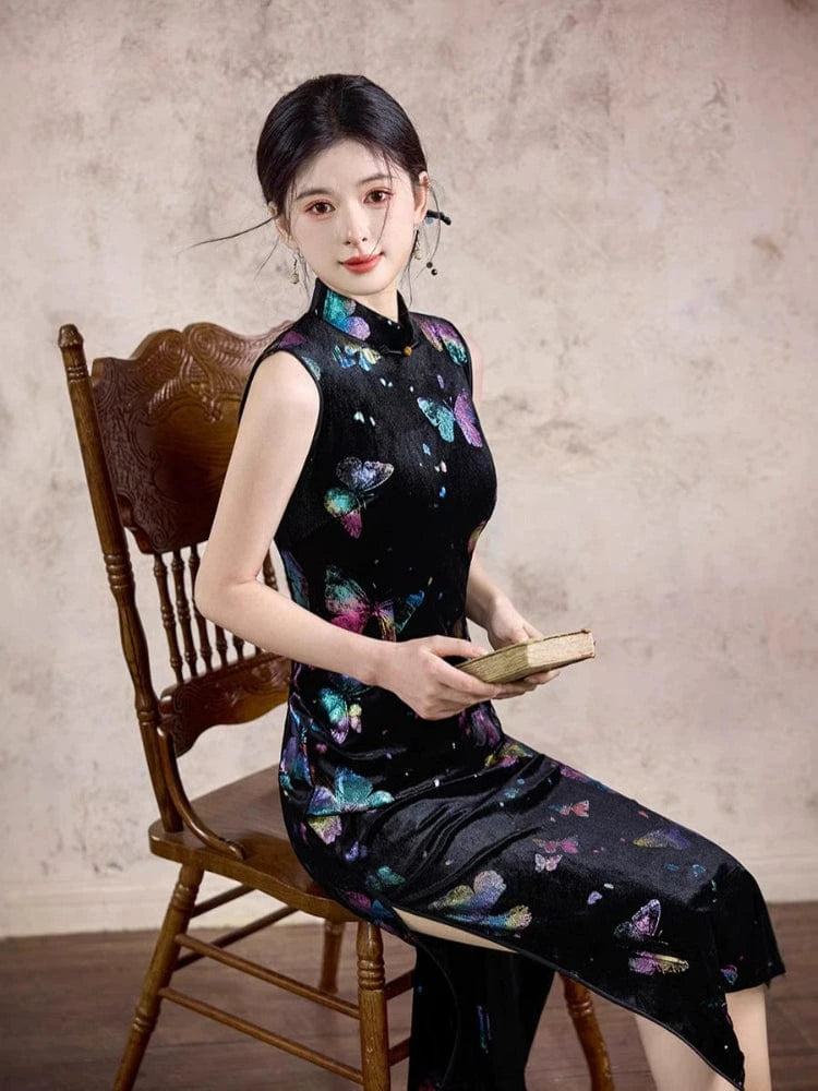 Beth and Brian Qipao-TX Butterfly pattern, sleeveless velvet midi Cheongsam