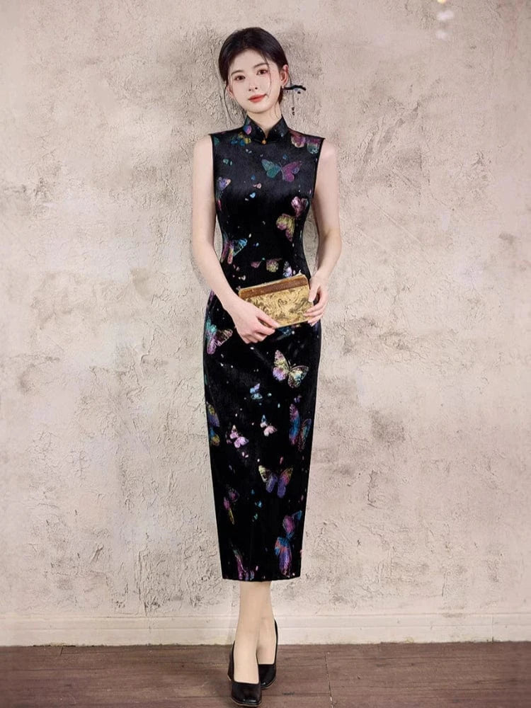 Beth and Brian Qipao-TX Butterfly pattern, sleeveless velvet midi Cheongsam