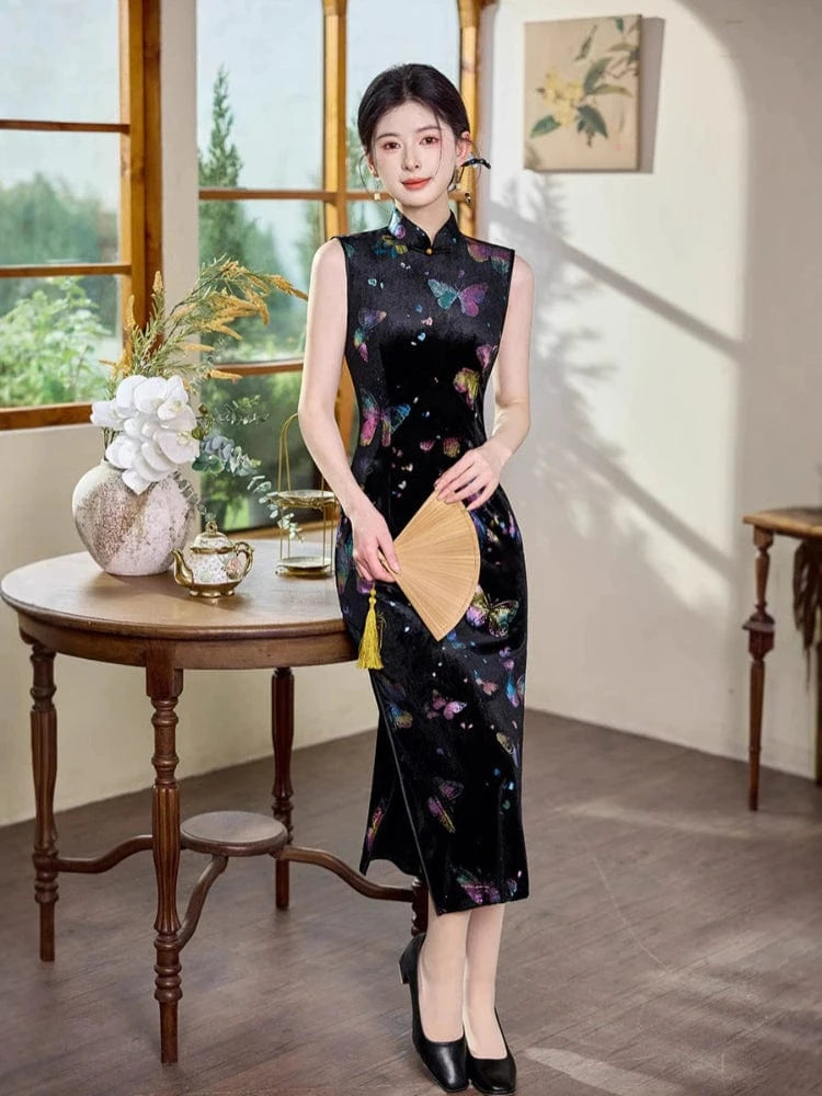 Beth and Brian Qipao-TX Butterfly pattern, sleeveless velvet midi Cheongsam