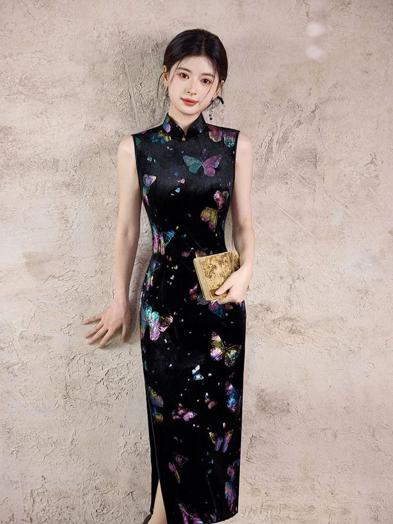 Beth and Brian Qipao-TX Butterfly pattern, sleeveless velvet midi Cheongsam
