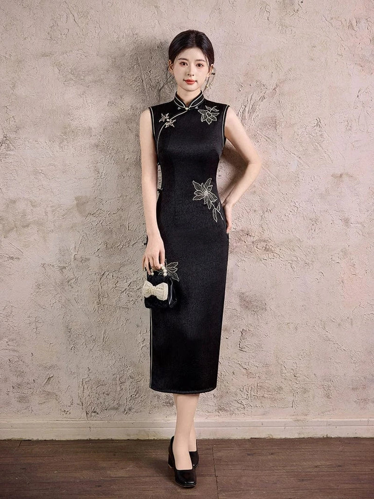 Beth and Brian Qipao-TX Floral pattern, black midi Cheongsam