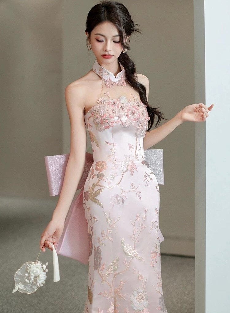 Beth and Brian Qipao-QHM New Chinese style (新中式), high-end, halter floor-length Cheongsam