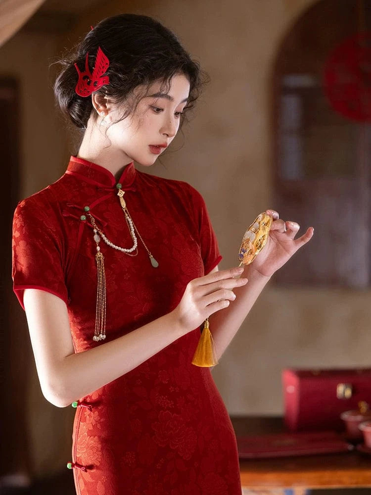 Beth and Brian Qipao-LSB Floral pattern, hua luo jacquard midi Cheongsam