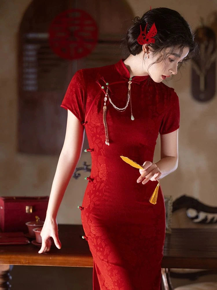Beth and Brian Qipao-LSB Floral pattern, hua luo jacquard midi Cheongsam