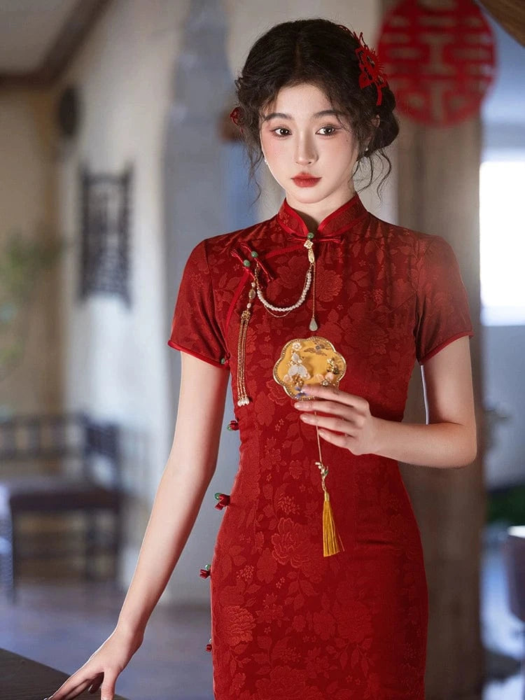 Beth and Brian Qipao-LSB Floral pattern, hua luo jacquard midi Cheongsam