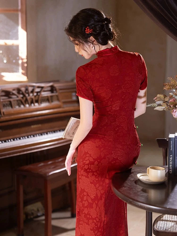 Beth and Brian Qipao-LSB Floral pattern, hua luo jacquard midi Cheongsam