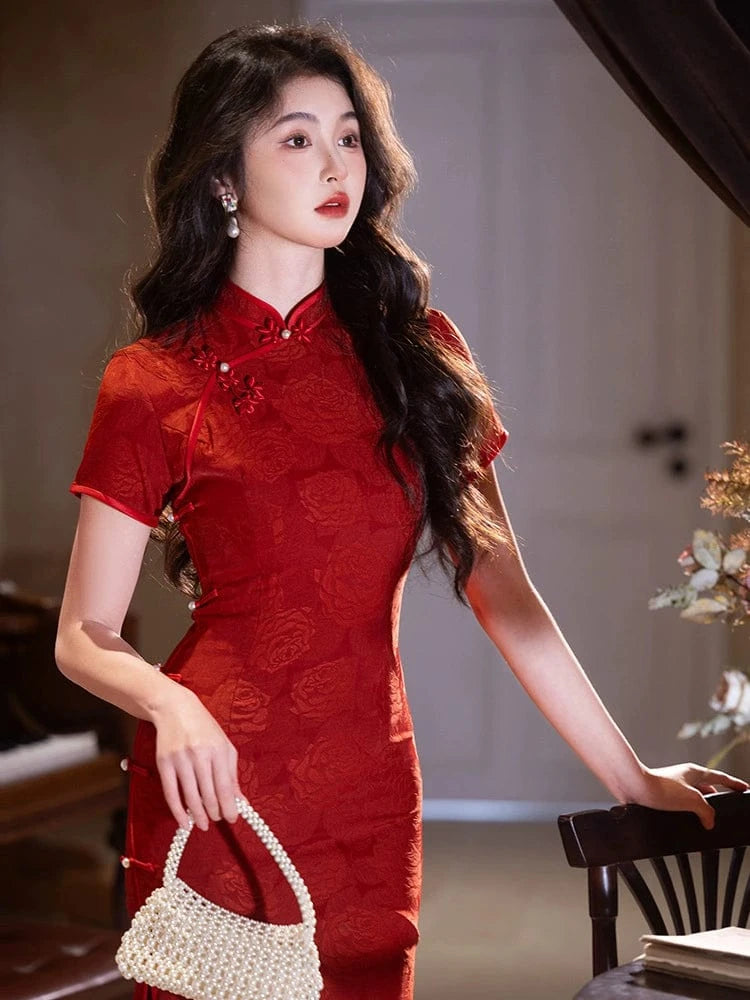 Beth and Brian Qipao-LSB Floral pattern, hua luo jacquard midi Cheongsam