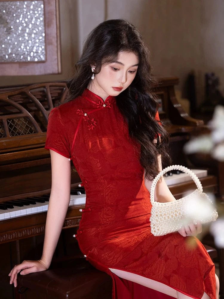Beth and Brian Qipao-LSB Floral pattern, hua luo jacquard midi Cheongsam