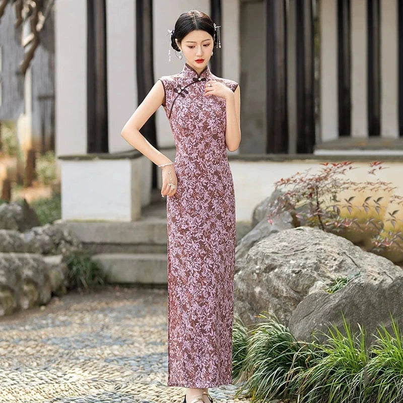 Beth and Brian Qipao-ZQYS Floral pattern, hua luo purple long Cheongsam
