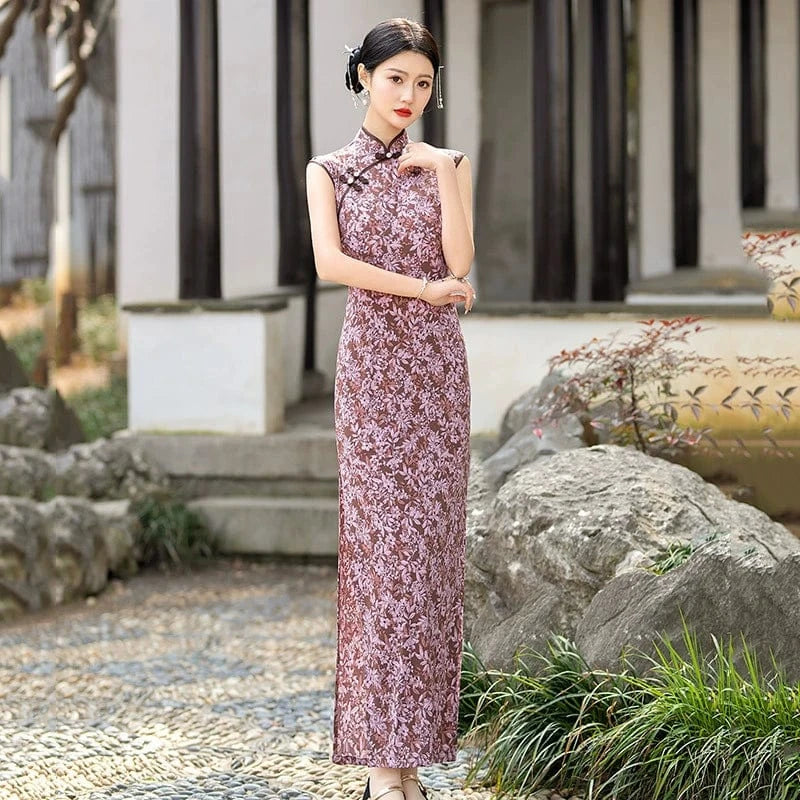 Beth and Brian Qipao-ZQYS Floral pattern, hua luo purple long Cheongsam
