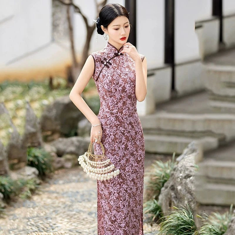 Beth and Brian Qipao-ZQYS Floral pattern, hua luo purple long Cheongsam
