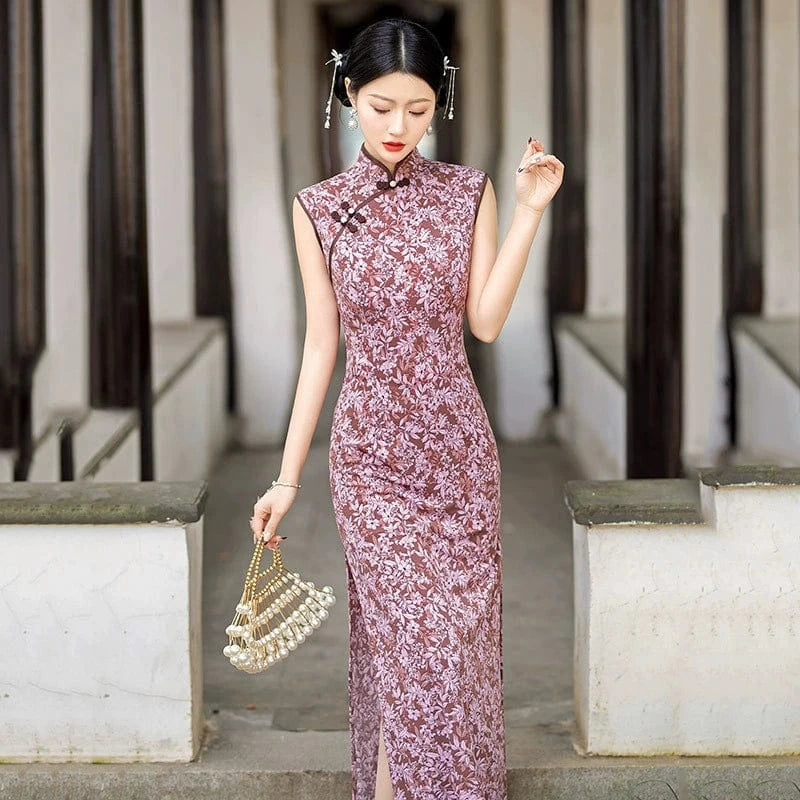 Beth and Brian Qipao-ZQYS Floral pattern, hua luo purple long Cheongsam