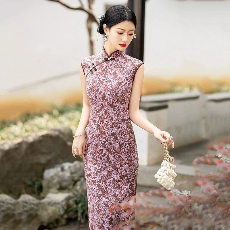 Beth and Brian Qipao-ZQYS Floral pattern, hua luo purple long Cheongsam