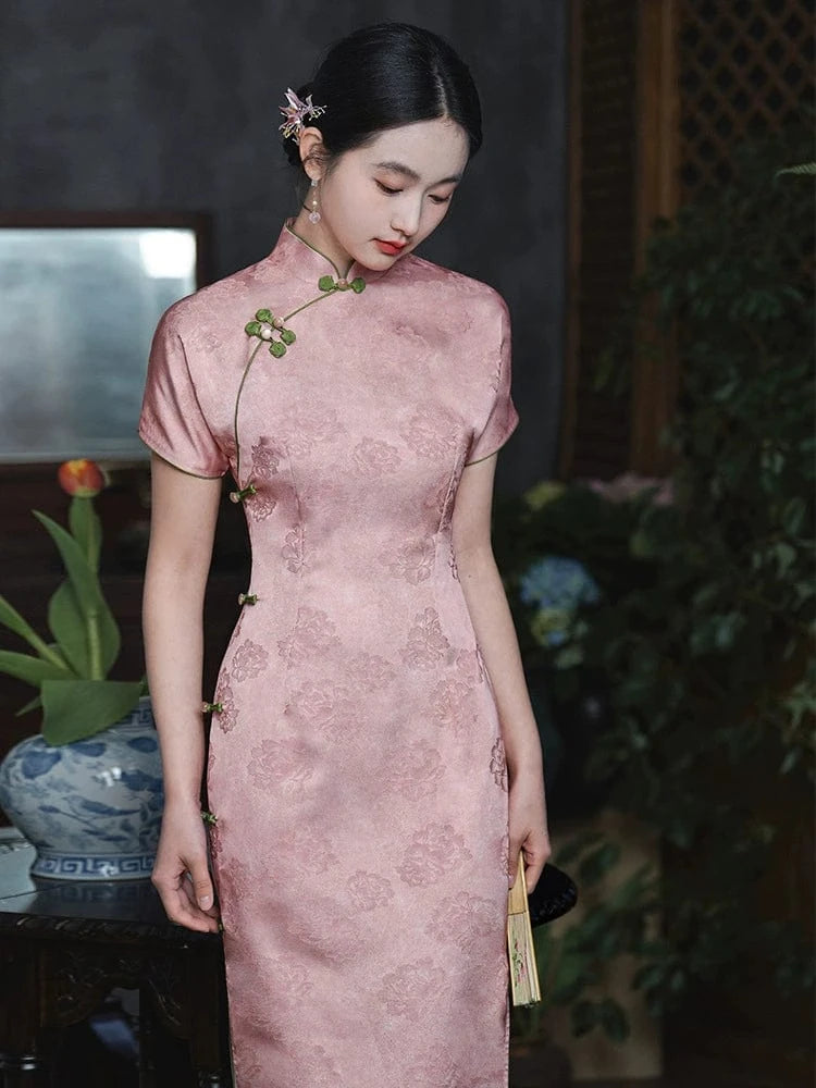 Beth and Brian Qipao-LSB Floral pattern, satin fabric, pink midi Cheongsam