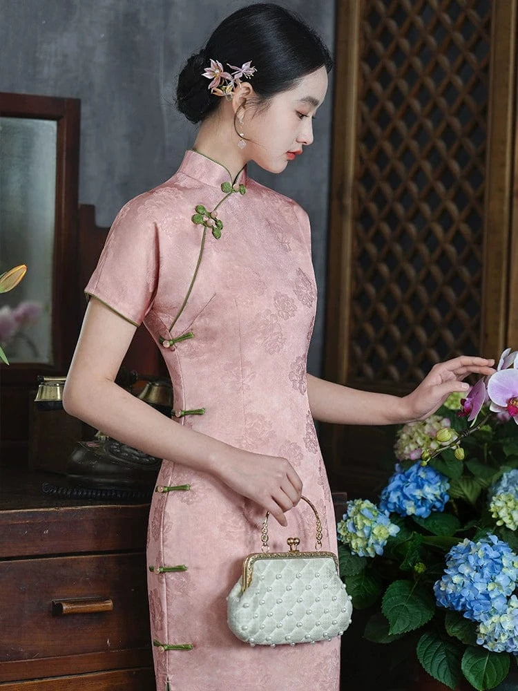Beth and Brian Qipao-LSB Floral pattern, satin fabric, pink midi Cheongsam