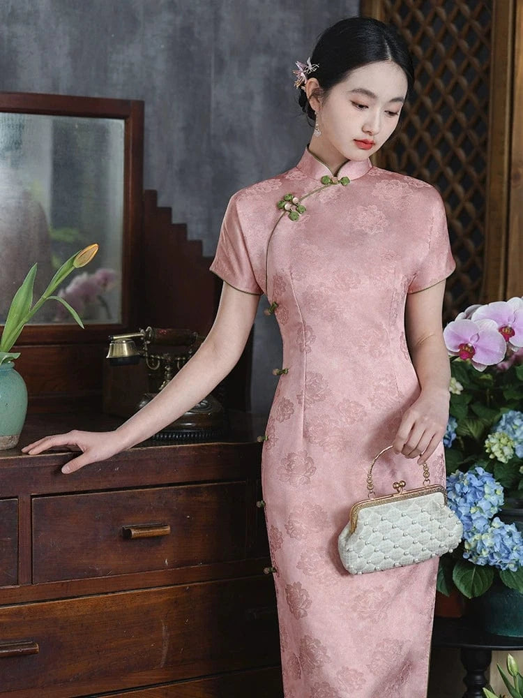 Beth and Brian Qipao-LSB Floral pattern, satin fabric, pink midi Cheongsam