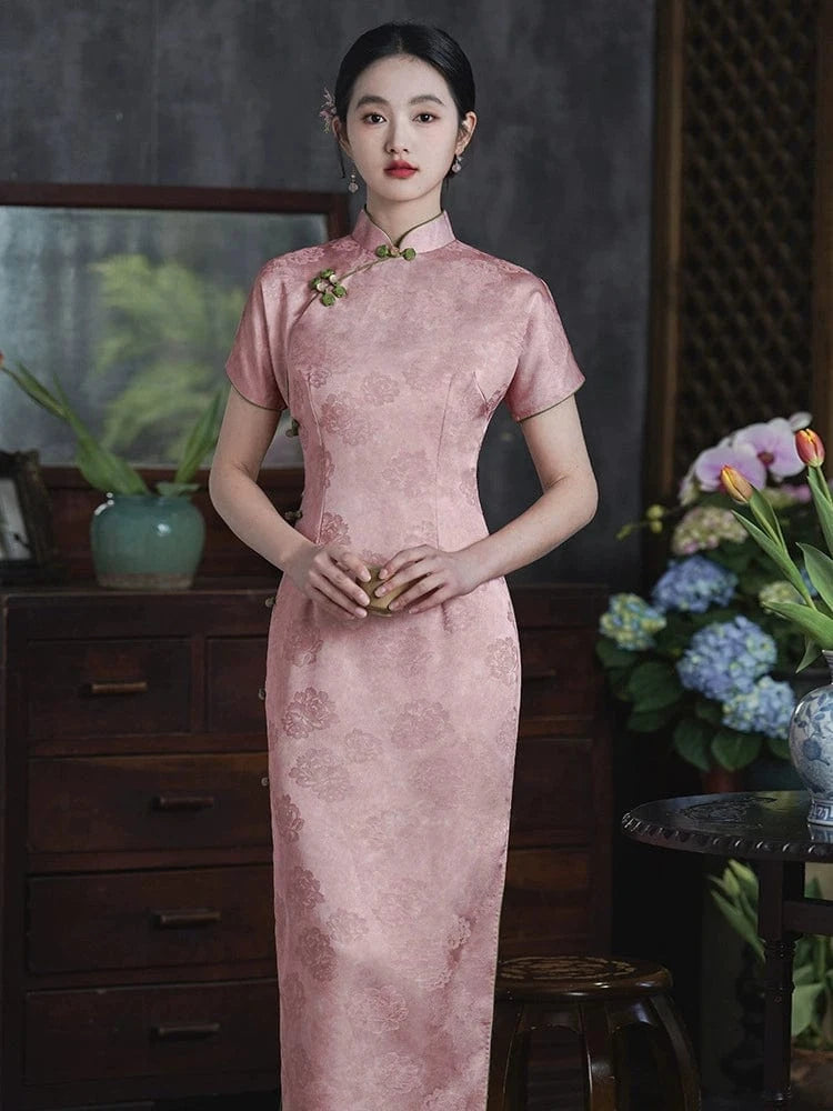 Beth and Brian Qipao-LSB Floral pattern, satin fabric, pink midi Cheongsam