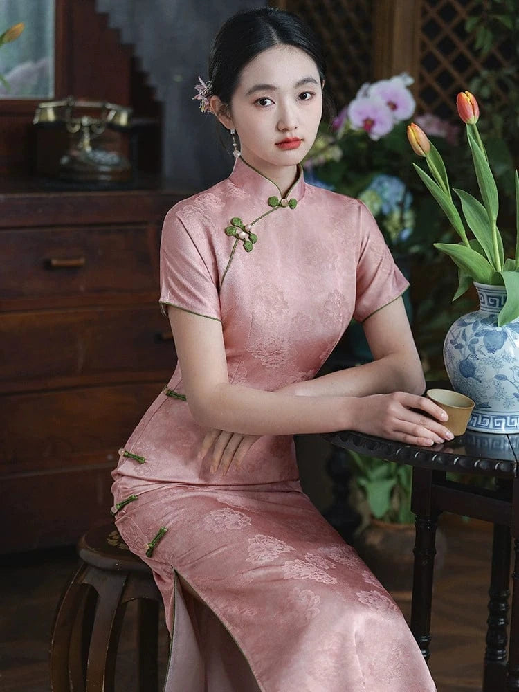 Beth and Brian Qipao-LSB Floral pattern, satin fabric, pink midi Cheongsam
