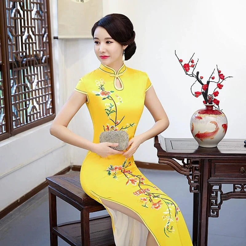 Beth and Brian Qipao-ZQYS Floral print, yellow silk long Cheongsam with cap sleeves