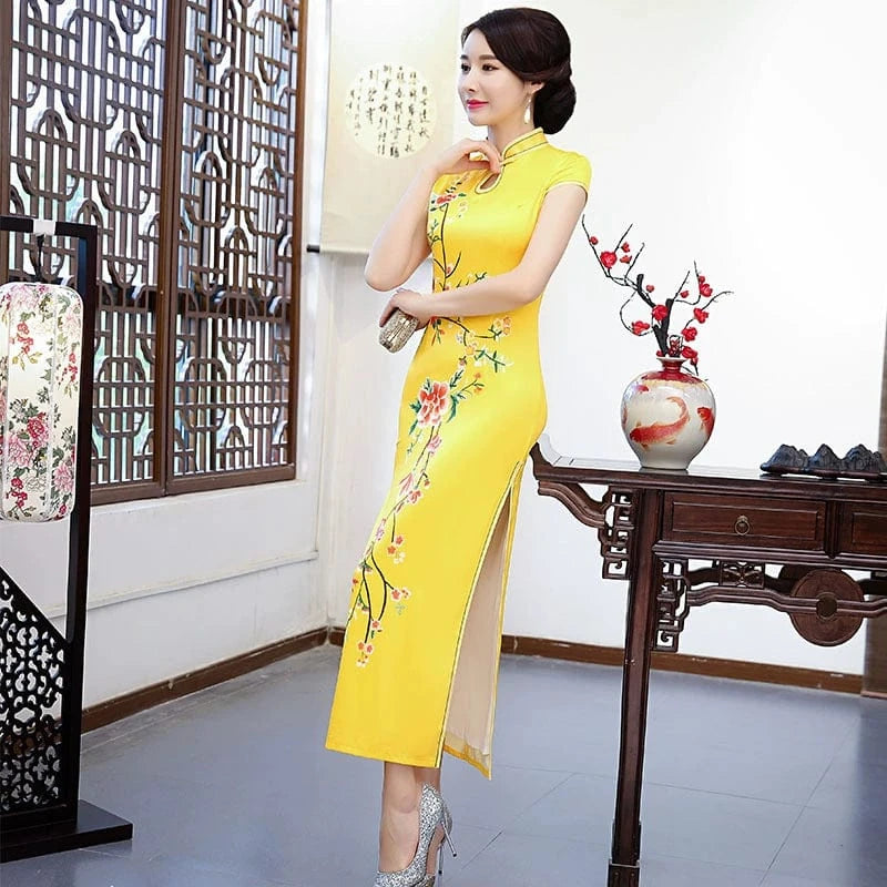 Beth and Brian Qipao-ZQYS Floral print, yellow silk long Cheongsam with cap sleeves