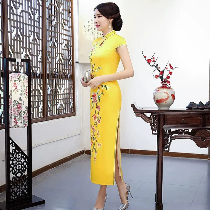 Beth and Brian Qipao-ZQYS Floral print, yellow silk long Cheongsam with cap sleeves