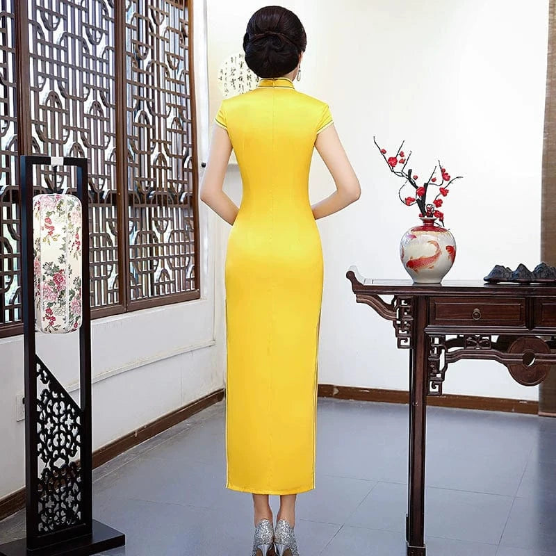 Beth and Brian Qipao-ZQYS Floral print, yellow silk long Cheongsam with cap sleeves