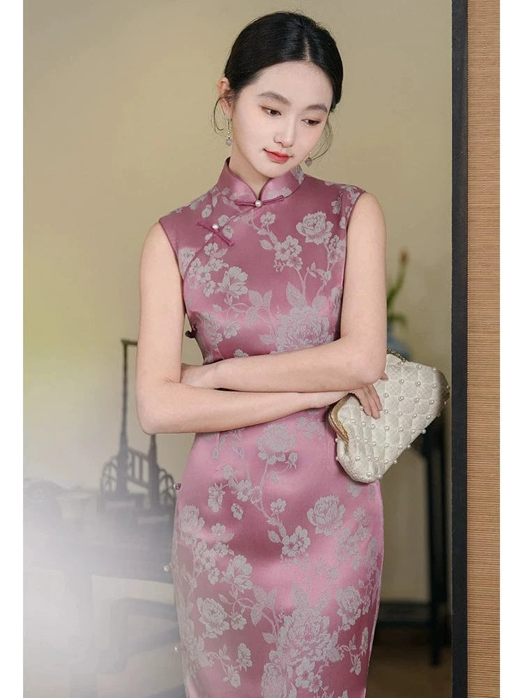 Beth and Brian Qipao-LSB Chinese retro style, floral pattern, pink midi Cheongsam