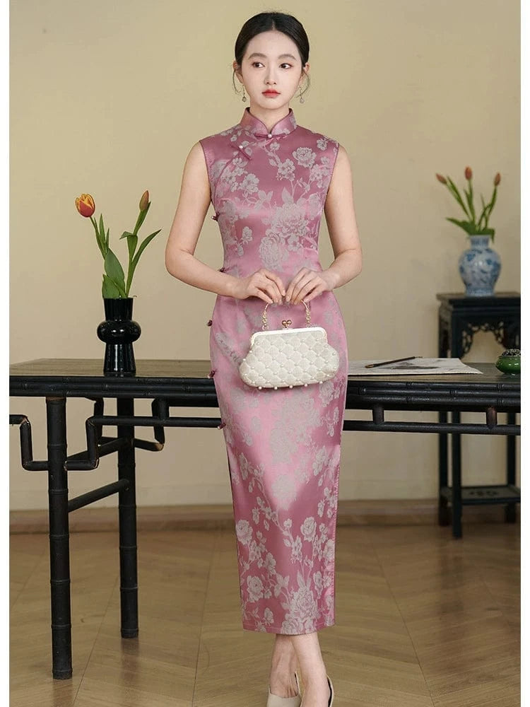 Beth and Brian Qipao-LSB Chinese retro style, floral pattern, pink midi Cheongsam