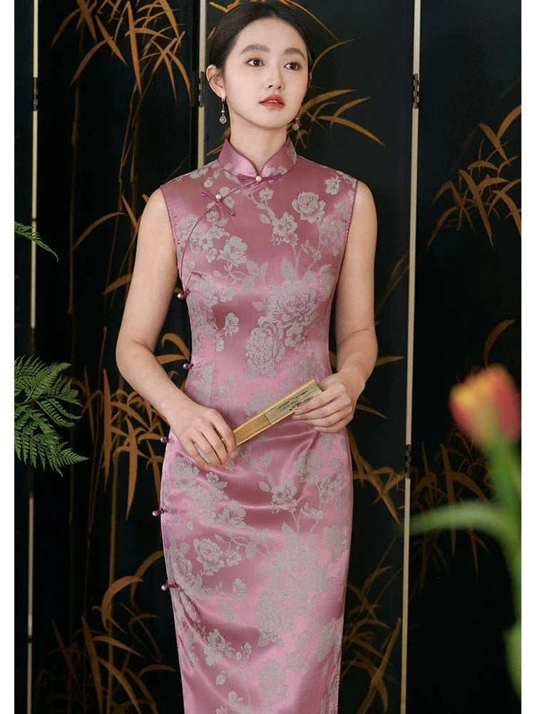 Beth and Brian Qipao-LSB Chinese retro style, floral pattern, pink midi Cheongsam