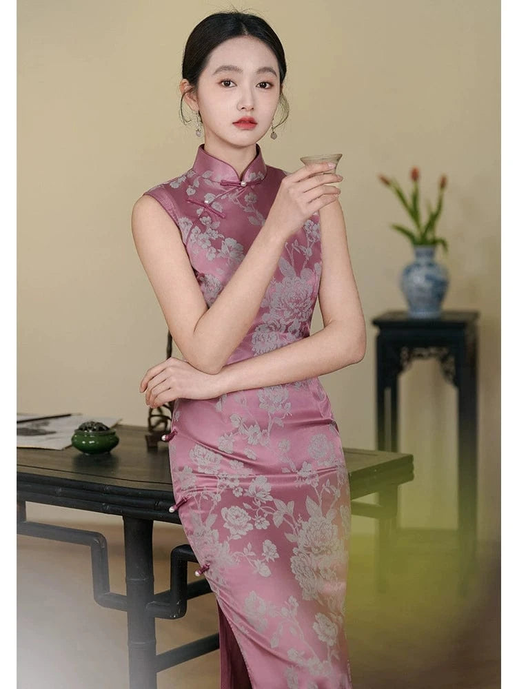 Beth and Brian Qipao-LSB Chinese retro style, floral pattern, pink midi Cheongsam