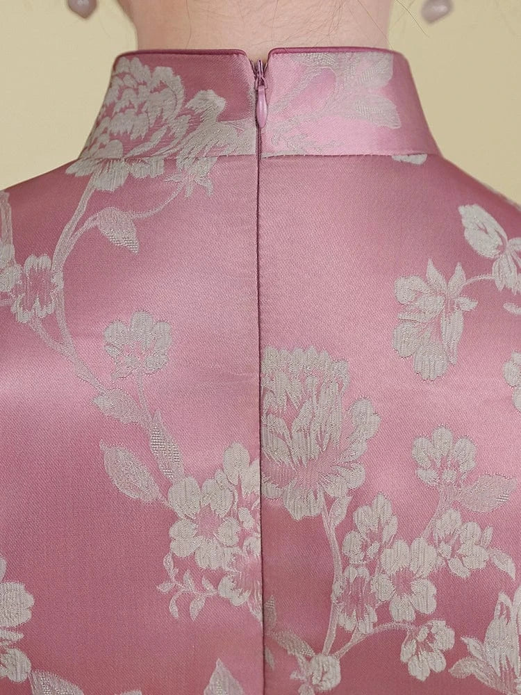 Beth and Brian Qipao-LSB Chinese retro style, floral pattern, pink midi Cheongsam