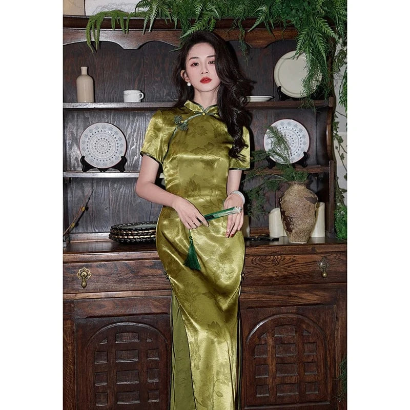 Beth and Brian Qipao-HY Floral print, satin fabric, green long Cheongsam