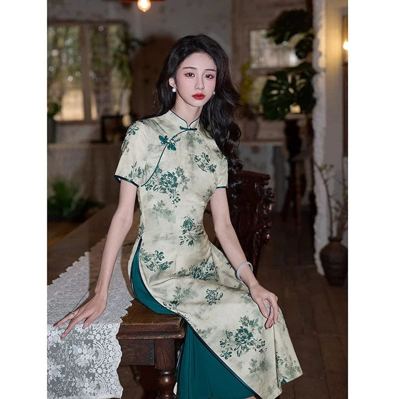 Beth and Brian Qipao-HY Jacquard satin, floral pattern midi Ao dai