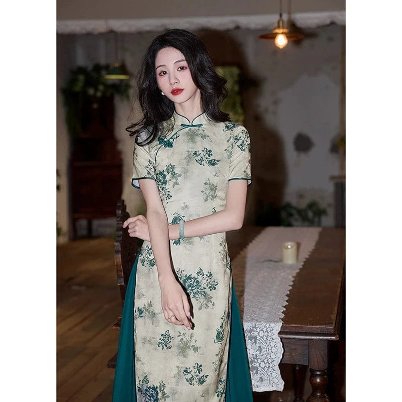 Beth and Brian Qipao-HY Jacquard satin, floral pattern midi Ao dai