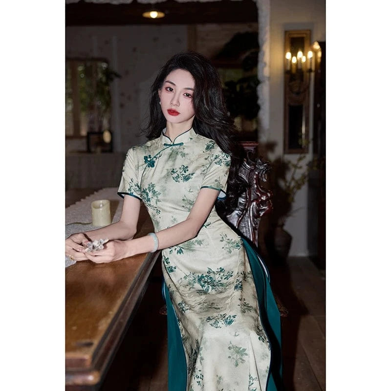 Beth and Brian Qipao-HY Jacquard satin, floral pattern midi Ao dai