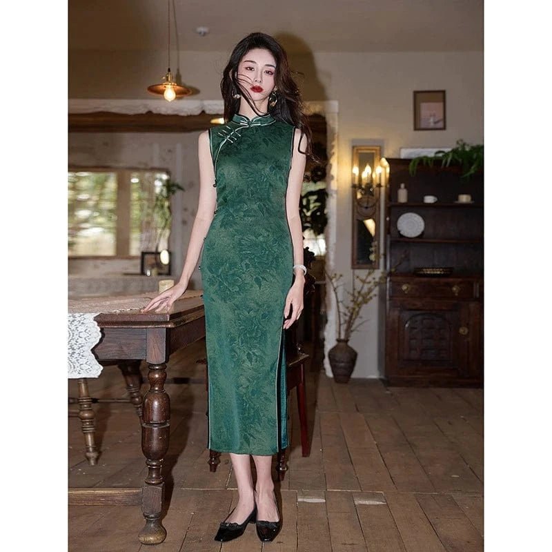 Beth and Brian Qipao-HY Floral print, sleeveless midi Cheongsam